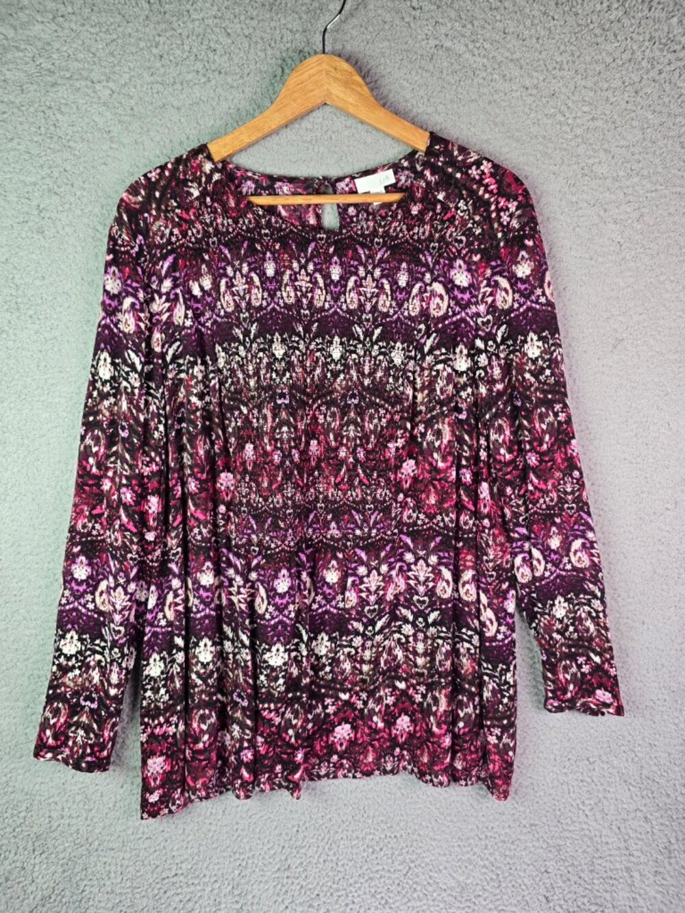 J Jill Tunic Top Plum Magenta 2X Boho Smocked Rayon Ikat Floral Print